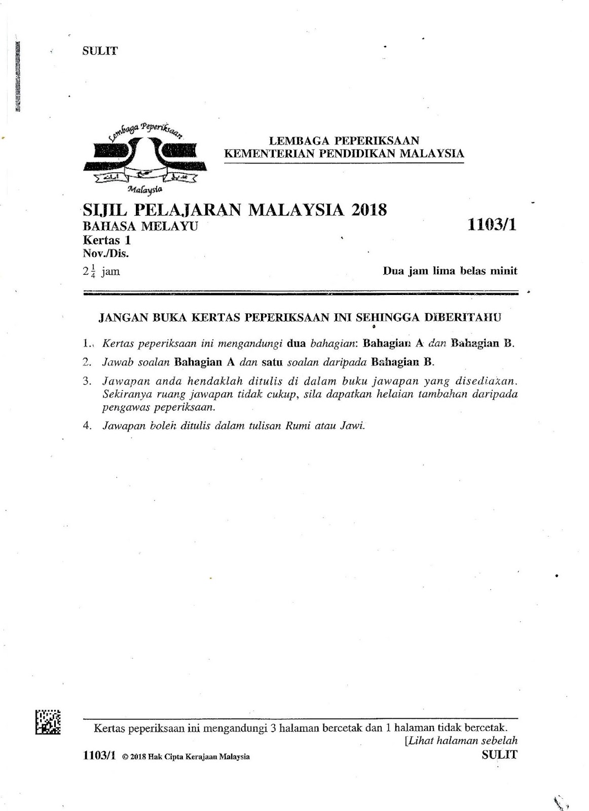 Kertas Soalan Bahasa Melayu Tingkatan 1 Dengan Jawapan