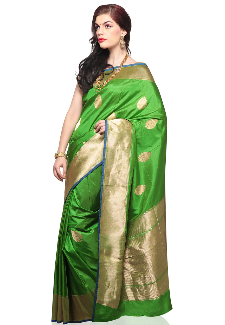 Saree Market: Banarasi Handloom Silk Saree Green Colour