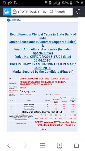 SBI : Clerk - Pre Exam Cut-Offs : 24.06.2016