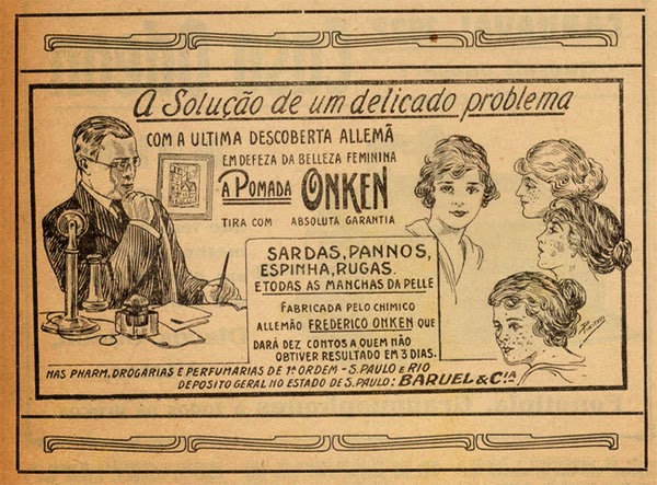 Propaganda da Pomada Onken, veiculada em 1922 para tratamentos dos mais variados problemas de pele.