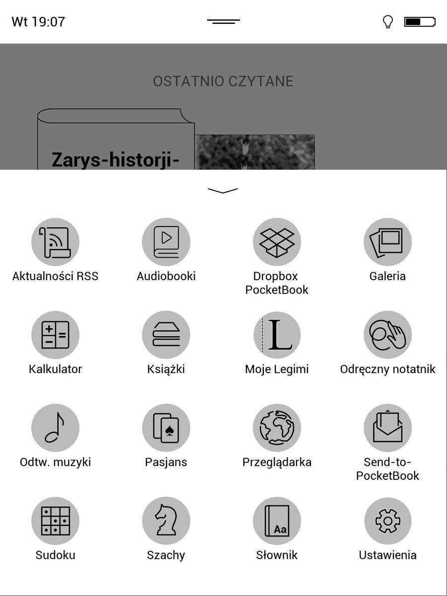 Dolne rozwijane menu w PocketBook InkPad 3 (5.19.542)
