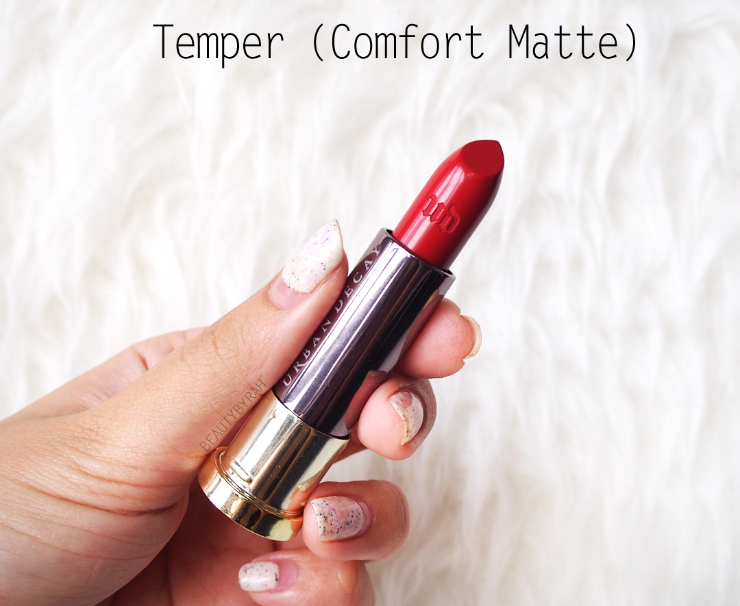 Urban Decay Vice Lipstick in Temper and Crisis Swatches