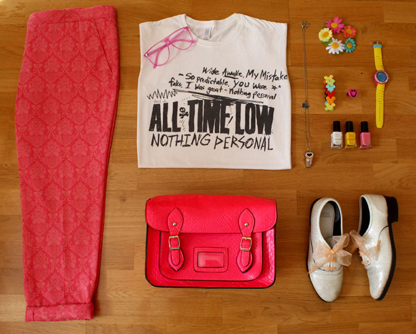 casual inspired band t-shirt fashion outfit flat lay from the high street