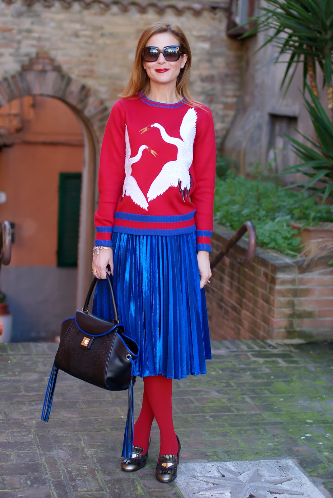 Dezzal bird embroidered sweater, metallic pleated skirt and Iaya Asciani Paris bag on Fashion and Cookies fashion blog, fashion blogger style