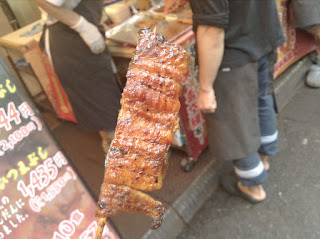 Fresh grilled eel sea food trip at Tsukiji Fish Market in Tokyo Japan