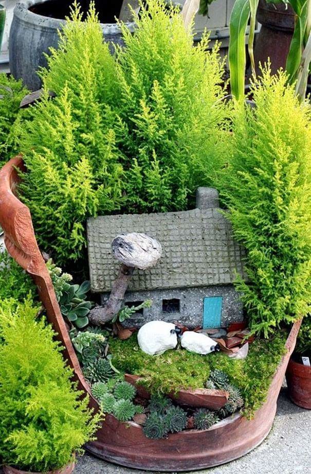 Forest and Stone House from Broken Pottery