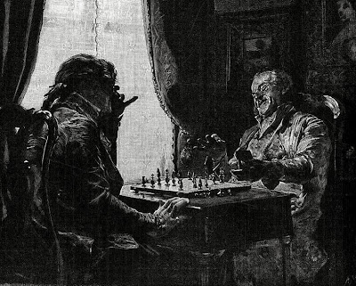 Grabado de Soler basado en un cuadro de Jiménez Aranda con el ajedrez de fondo