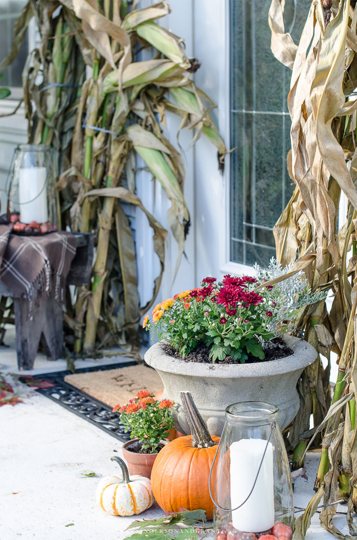 See how to transform your porch for fall using pumpkins, mums, and cornstalks.  |  www.andersonandgrant.com