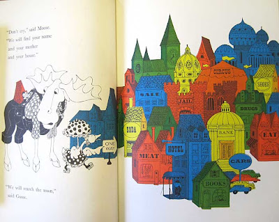 Spread from Moose, Goose with many detailed buildings each in a bright color