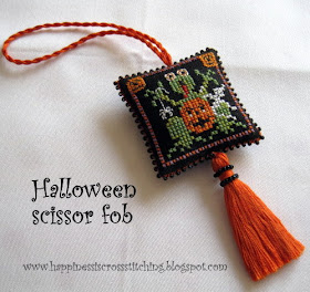 Halloween cross stitched scissor fob tutorial, black beaded scissor fob cross stitched with pumpkins  