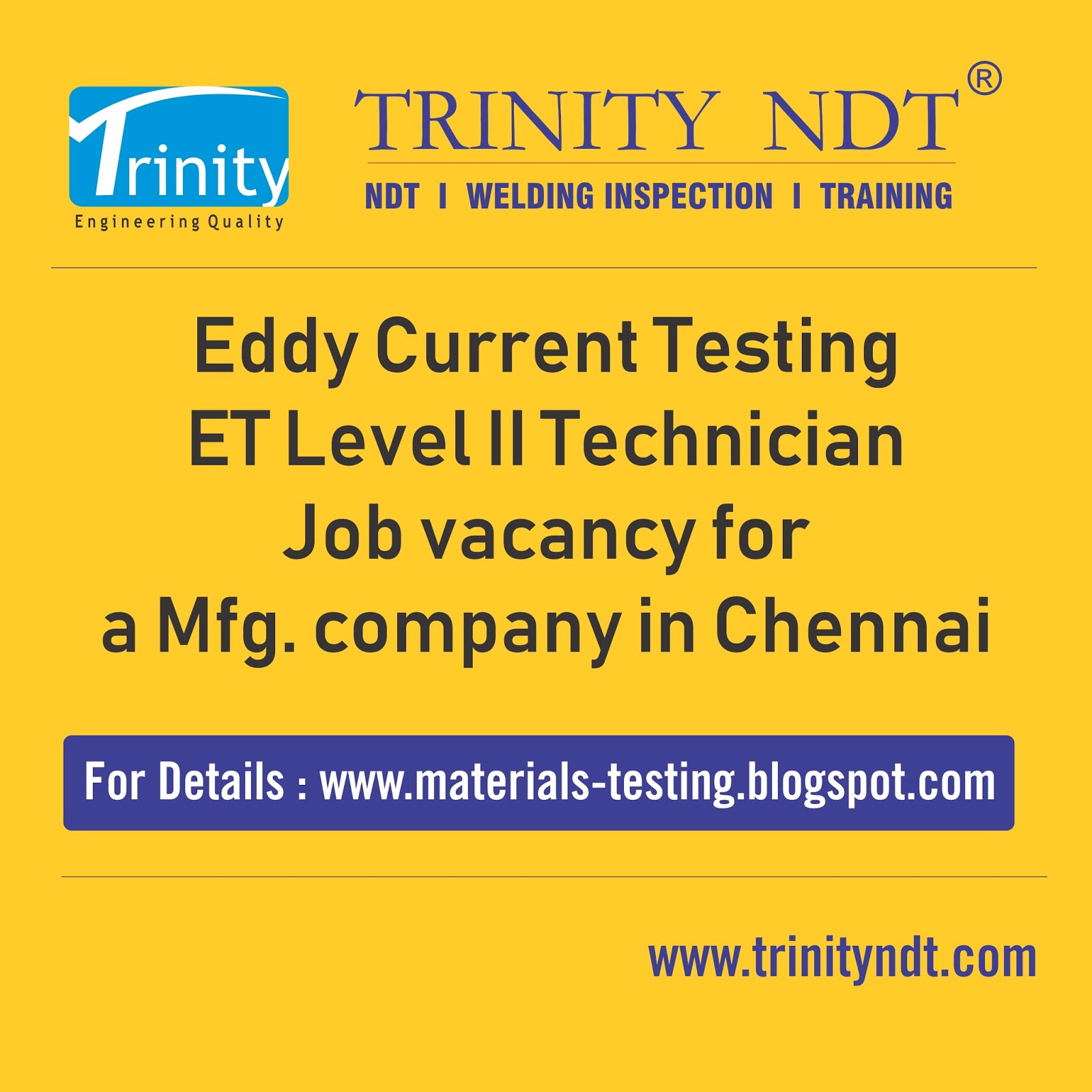 Eddy Current testing NDT Level 2 Job Vacancies, Chennai, India