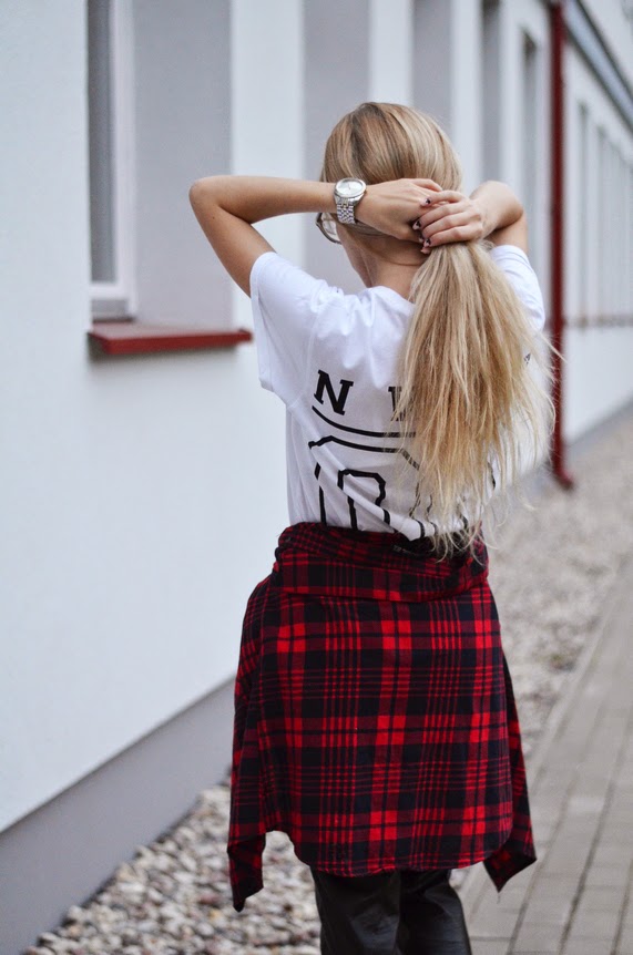 LEATHER JOGGERS, TARTAN SHIRT & NEON ADIDAS ZX FLUX