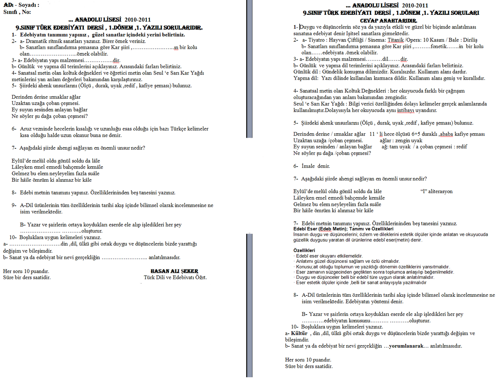 Ders 2013: 9.sinif edebiyat 1.dönem 1.yazili sorulari cevaplari