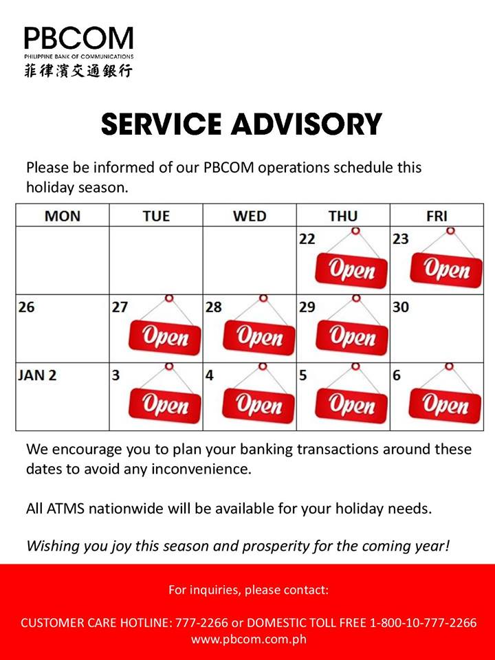 PBCOM schedule holiday 2016