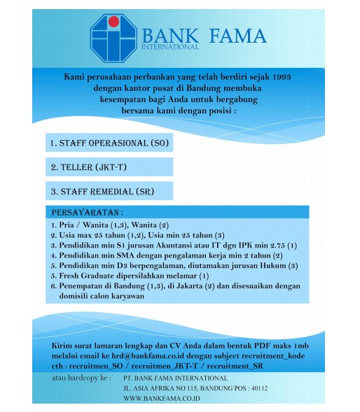 Lowongan Kerja Bank Fama Lowongan Kerja Bank Fama untuk banyak posisi 2018