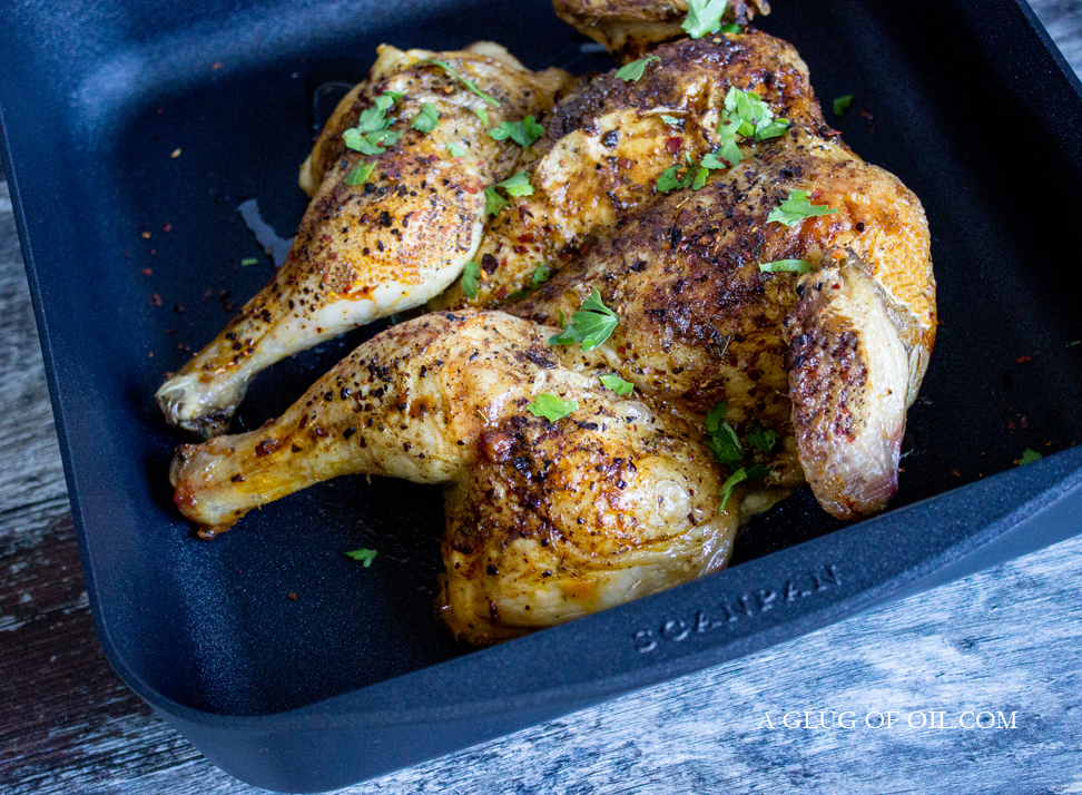 Oregano and Sweet Pepper Spatchcock Chicken in a SCANPAN
