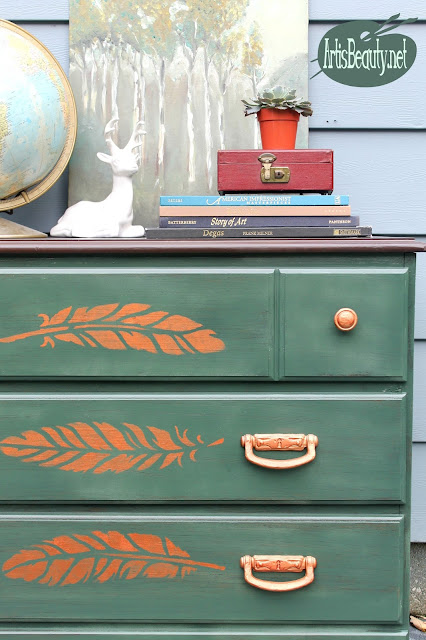 boho chic bohemian style michigan pine green painted copper stencil feather dresser makeover before and after artistic furniture