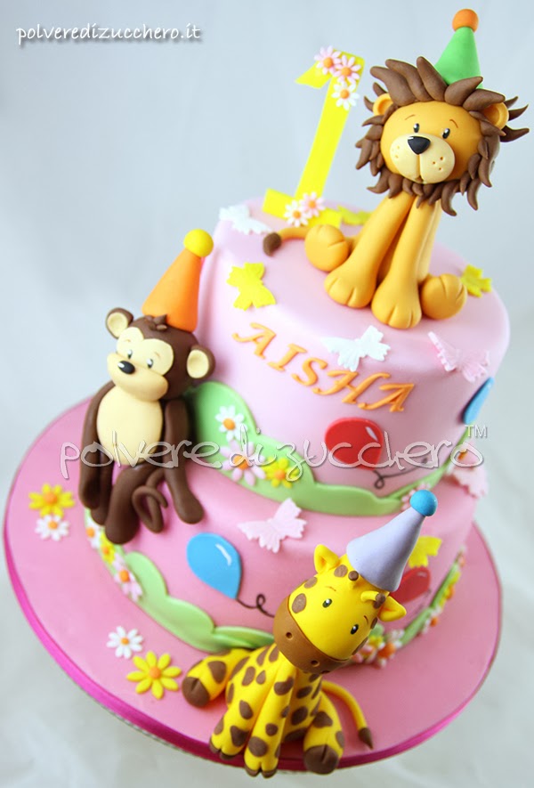 torta per il 1° compleanno di una bimba: gli animali della savana leone, giraffa e scimmia