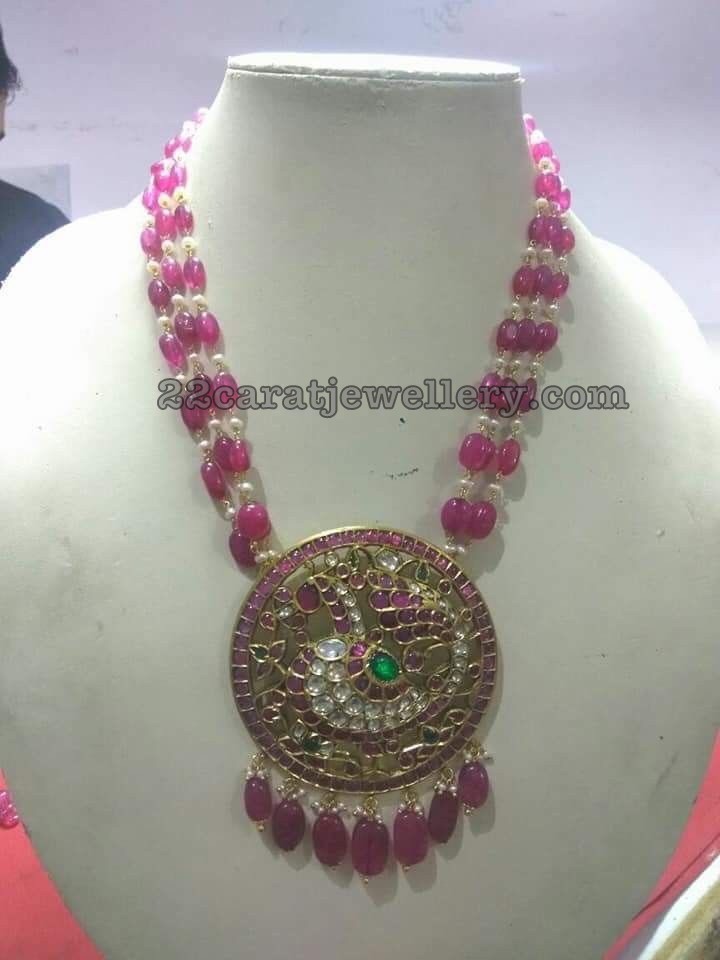 Ruby Beads Chain with Kundan Peacock Pendant Jewellery Designs