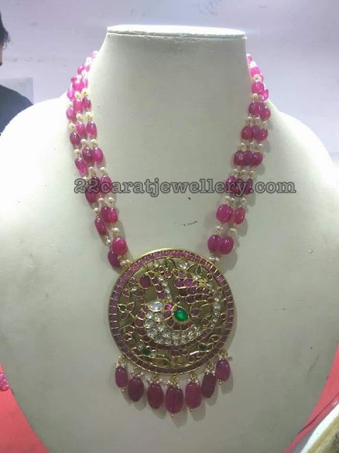 Ruby Beads Chain with Kundan Peacock Pendant Ruby Beads Chain with Kundan Peacock Pendant