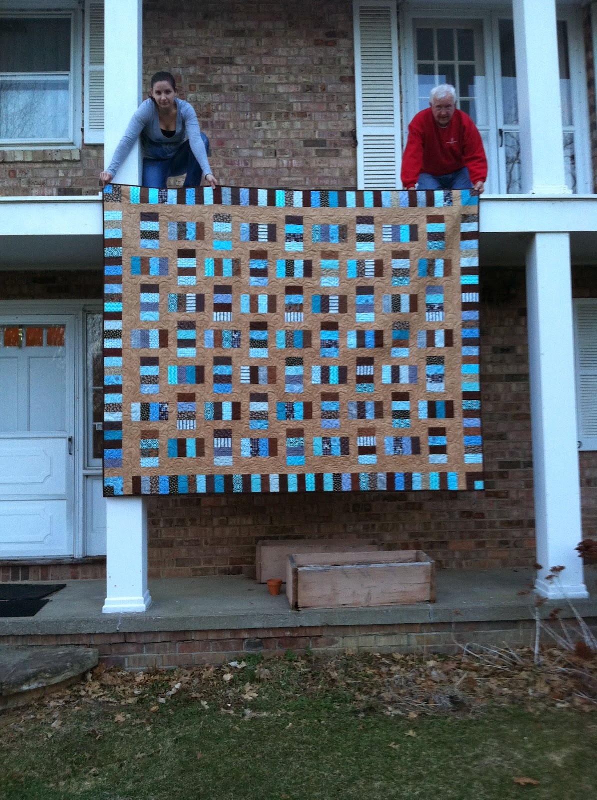 Framed Rectangles, Brown and Teal Quilt