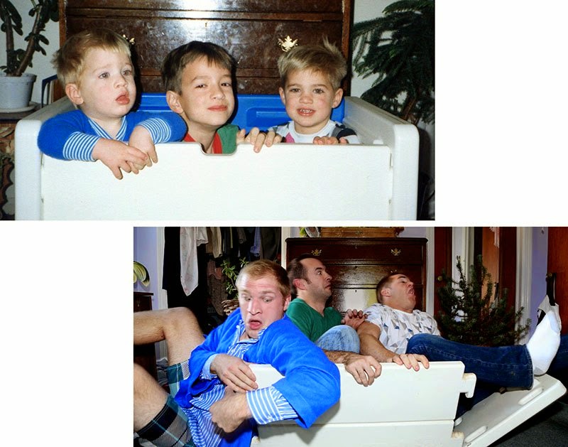 Macmillan brothers have a threesome tie as they desperately try to fit the crate scene Watch Brothers Recreate their Childhood Photos as Christmas gift for Mom via geniushowto.blogspot.com Macmillan brothers have a threesome tie as they desperately try to fit the crate