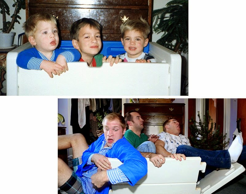 Watch Brothers Recreate their Childhood Photos as Christmas gift for Mom via geniushowto.blogspot.com Macmillan brothers have a threesome tie as they desperately try to fit the crate