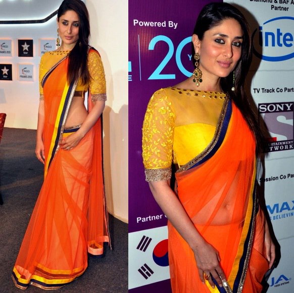 Hindi Actress Kareena Kapoor Hot Hip Navel Photos In Yellow Saree