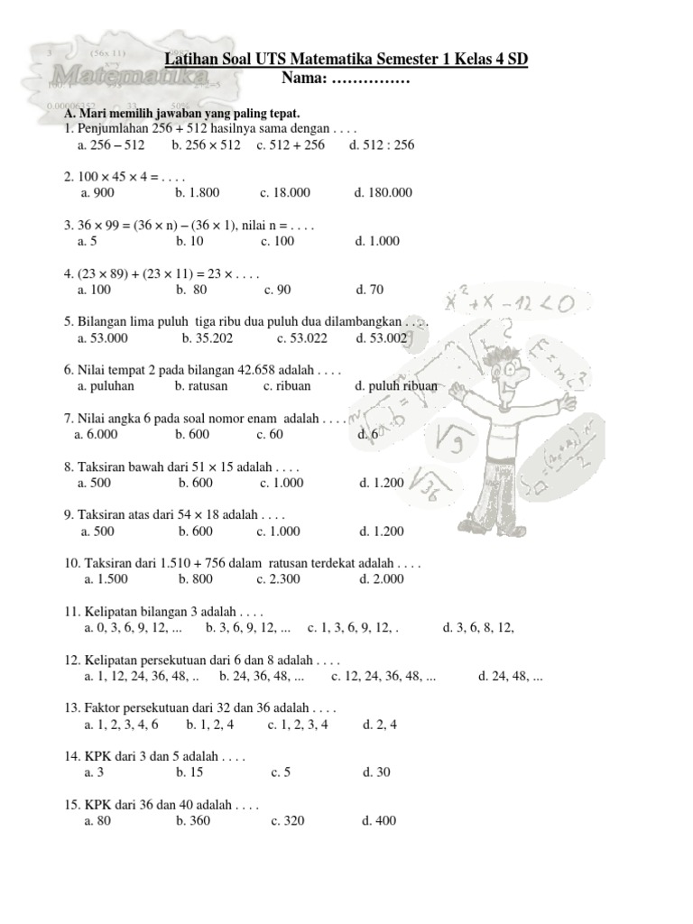 soal uts matematika kelas 6 semester 1 wood scribd indo