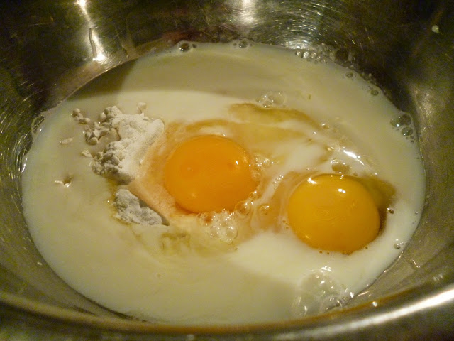 two eggs in a bowl with flour and milk