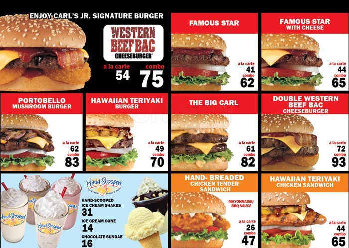 Carlsjr.com menu © Carl Karcher Enterprises, Inc. Algunos productos estan sujetos a disponibilidad dependiendo del Restaurante y/o Ciudad. Solicitar Factura.