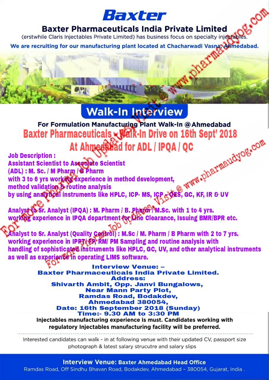 Baxter Pharmaceuticals India WalkIn interview for Multiple Positions