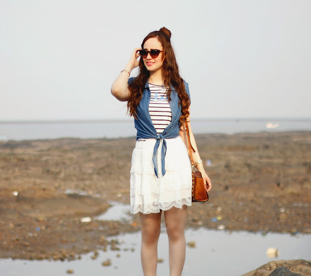 ONLY Nautical Stripe T-Shirt, Chambray tie-up shirt, white lace skirt, Spring Summer 2016, West Coast Beach Look