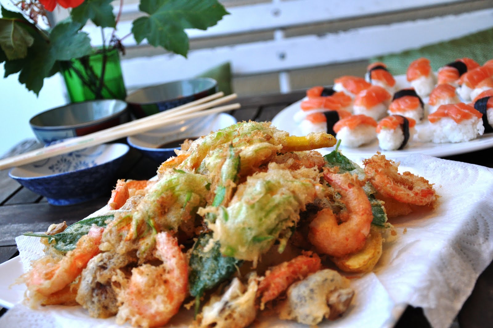 Madame Fabuleuse Prawn and Vegetable Tempura with Salmon Nigiri