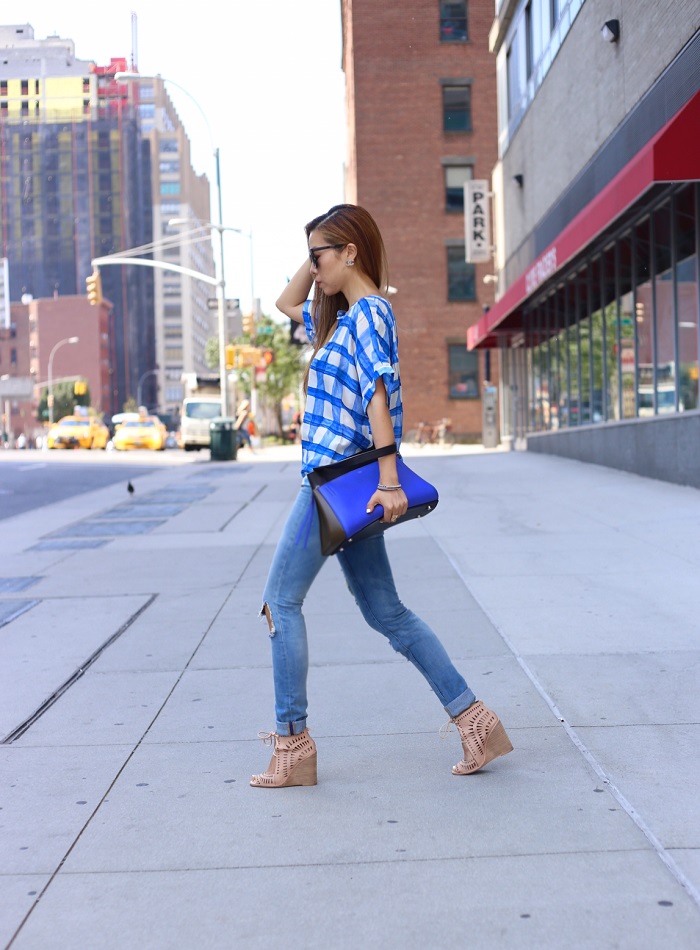 anthropologie checkered silk henley by maeve, blue checkers, blue outfit, celine edge, blank denim distressed jeans, chanel earring, karen walker sunglasses, jeffrey campbell wedges, t and j designs, fashion blog, streetstyle, nyc