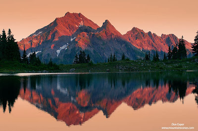 Mount Steel reflected in Lake La Crosse at sunset, Olympic National Park, Washington.