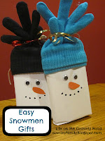 snowman gift - wrapped popcorn package, gloves for hat and snowman details
