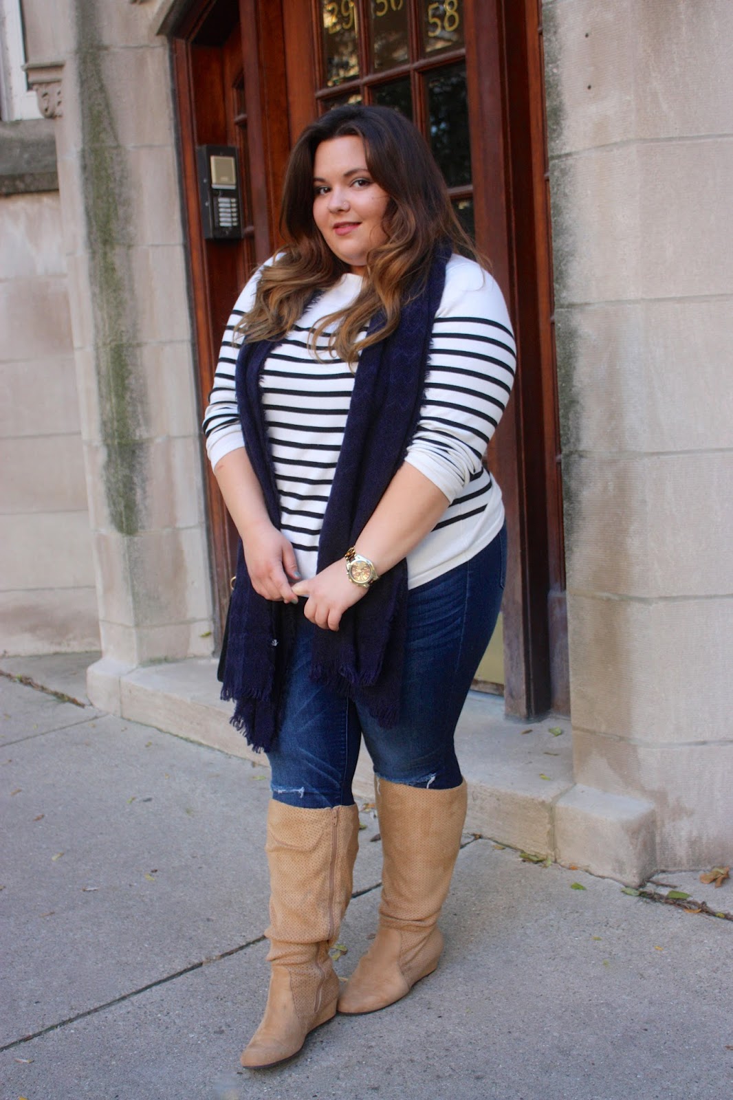 how to cut holes in jeans, cut holes in the knees, CAN CURVY GIRLS WEAR HORIZONTAL STRIPES, plus size, horizontal stripes, how to wear stripes, plus size fashion blogger, fashion blogger, natalie craig, natalie in the city, chicago, wide calf boots, striped sweaters, fall fashion, how to wear a scarf