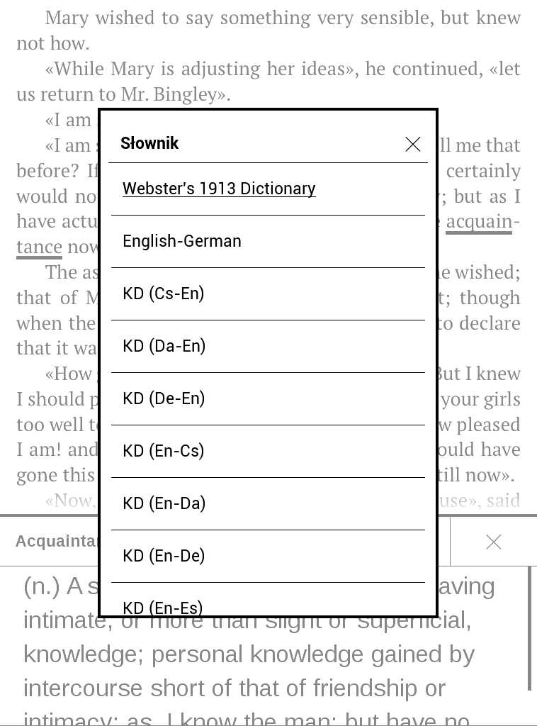 PocketBook Aqua 2 – widok listy dostępnych słowników