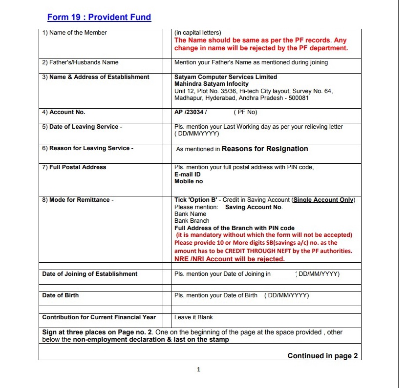 Form 10c And Form 19 - Provident Fund - PDF Download