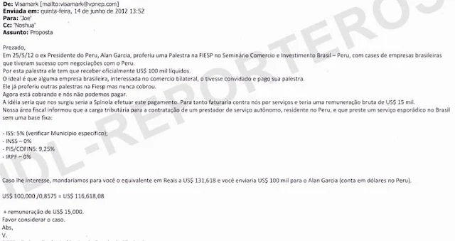 El correo electrónico donde coordinan el pago de US$100 mil a favor de Alan García. 