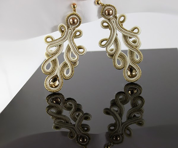 Openwork lace gold and beige soutache earrings