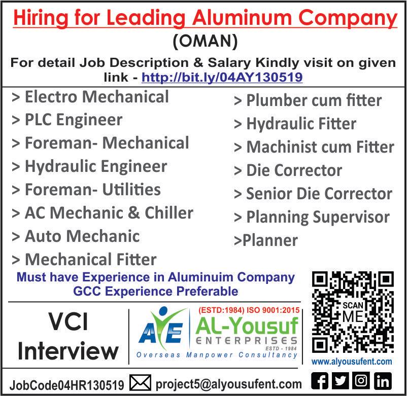 hiring for Leading Aluminum Company Oman hiring for Leading Aluminum Company Oman