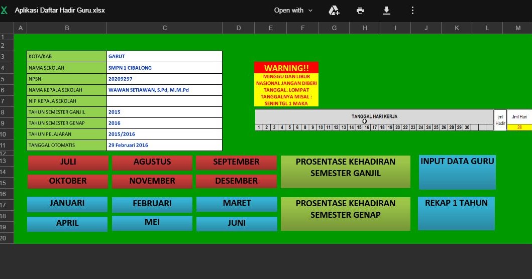 Download Aplikasi Daftar Hadir Guru Otomatis Format Excel