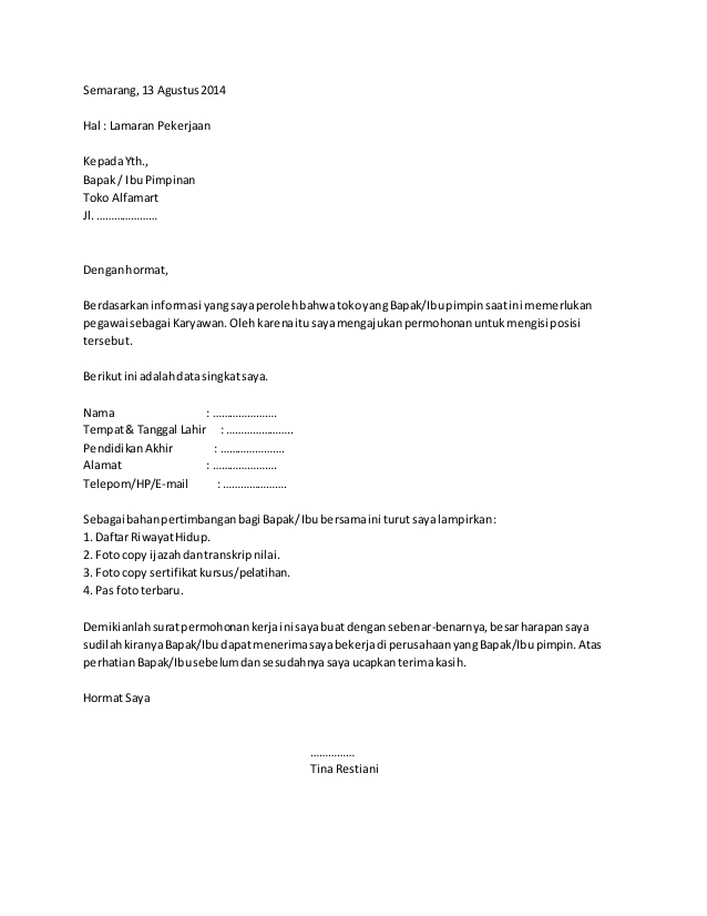 Contoh Surat Lamaran Kerja Di Toko Emas Contoh Surat