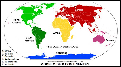 Mapamundi, modelo de 6 continentes