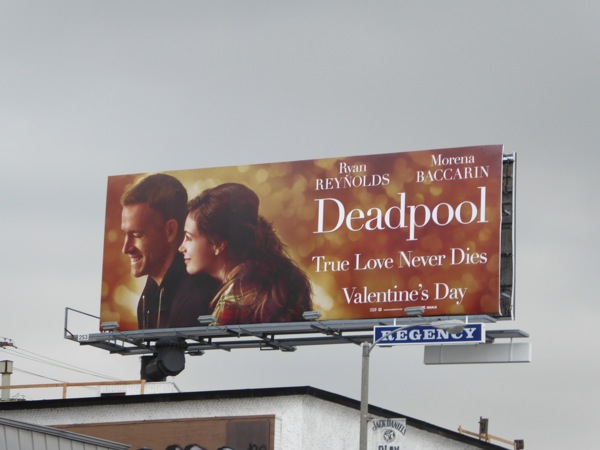 Deadpool Valentine's Day romance spoof billboard Sunset Strip Deadpool Valentine's Day romance spoof billboard