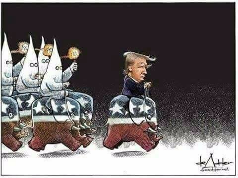 Donald Triump riding a GOP Elephant leading a group of Klansmen also riding GOP Elephants.