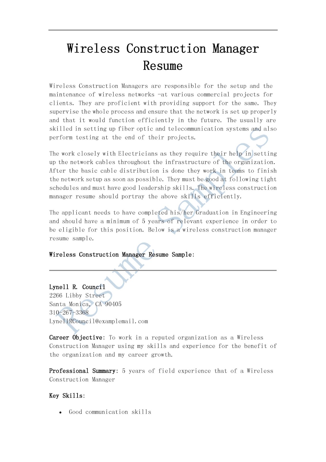 resume samples wireless construction manager resume