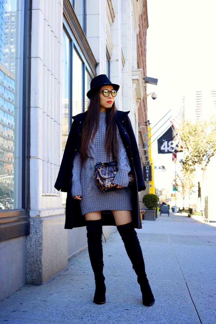 Unif reverb sweater, urban outfitters, holiday sale, cable knit sweater, winter essential, steve madden over the knee boots, dolce gabbana sisly bag, leopard print, zara coat, baublebar pearl earring, le specs sunglasses, fashion blog, shallwesasa, street style, tommy ton, nyc